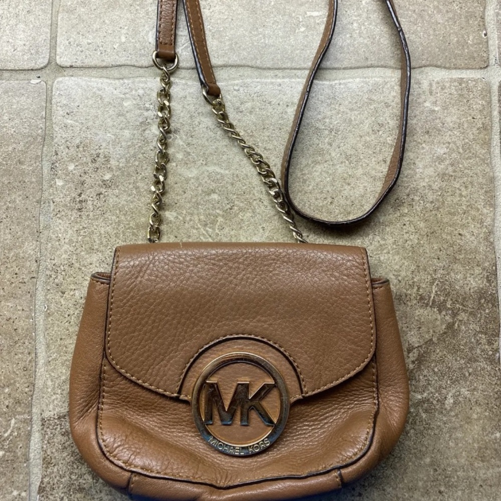 Michael Kors Fulton Brown Leather Small Crossbody Gold Chain